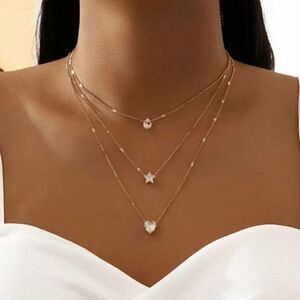 GOLD DIAMOND MULTILAYERED STAR HEART WATRDROP NECKLACE